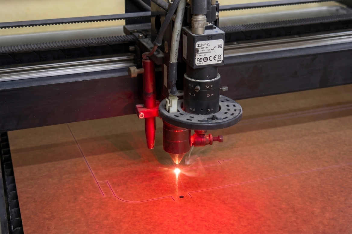 Laser cutting machine engraving precise lines on a flat brown material sheet.