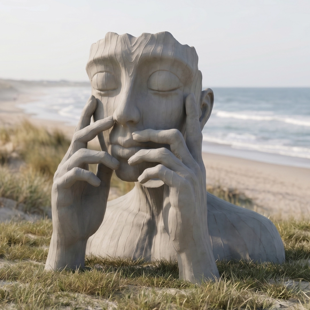 Wooden sculpture of a large face with closed eyes held by two hands on a beach with grass and sea.