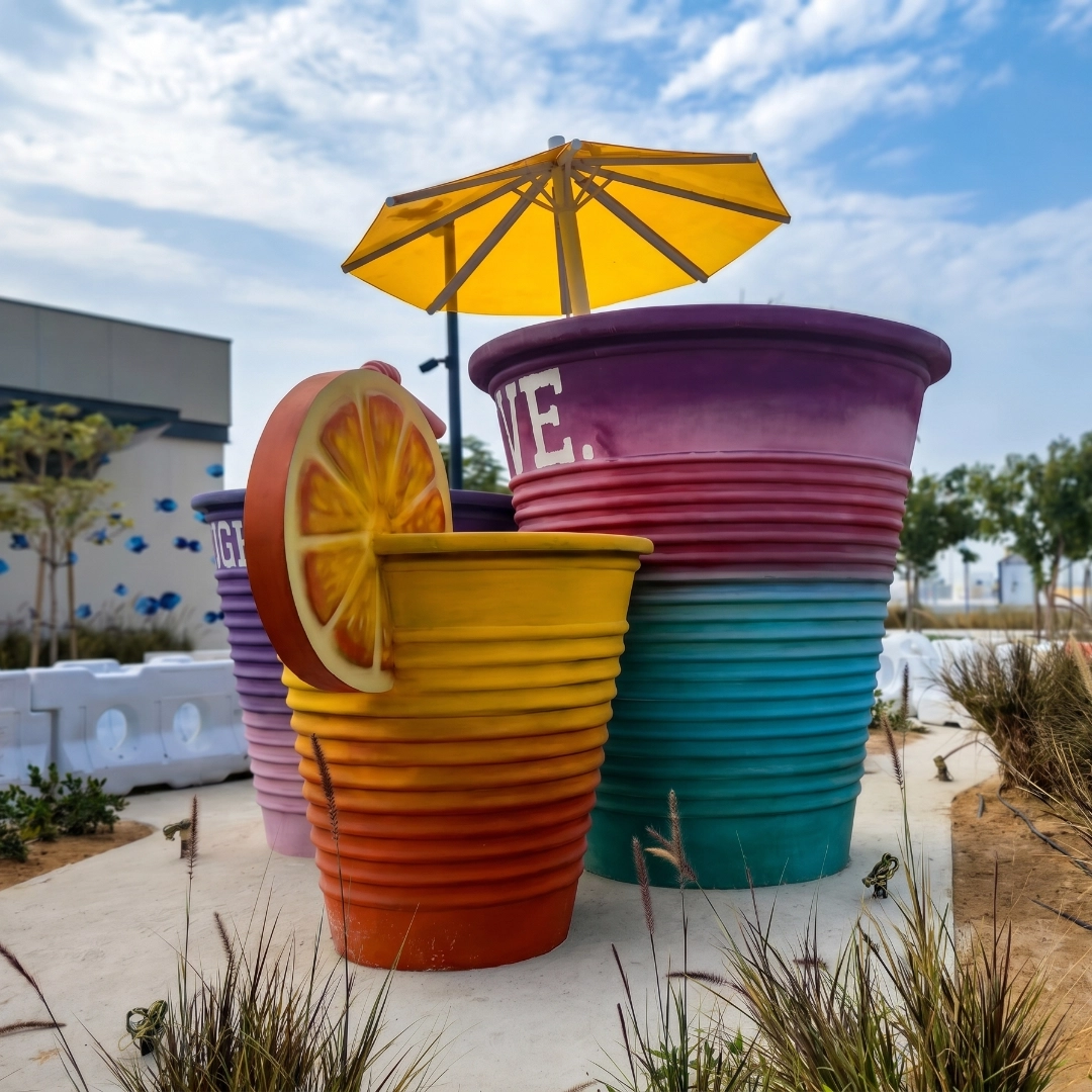 Oversized bucket sculpture installation by 3Distica, Dubai