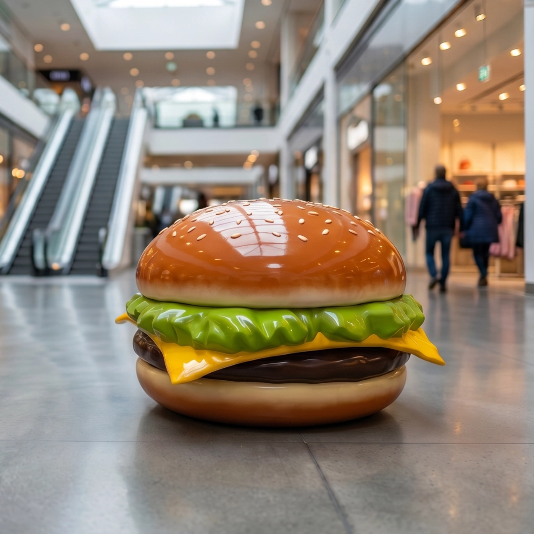 Large realistic burger model with lettuce and cheese in a shopping mall.