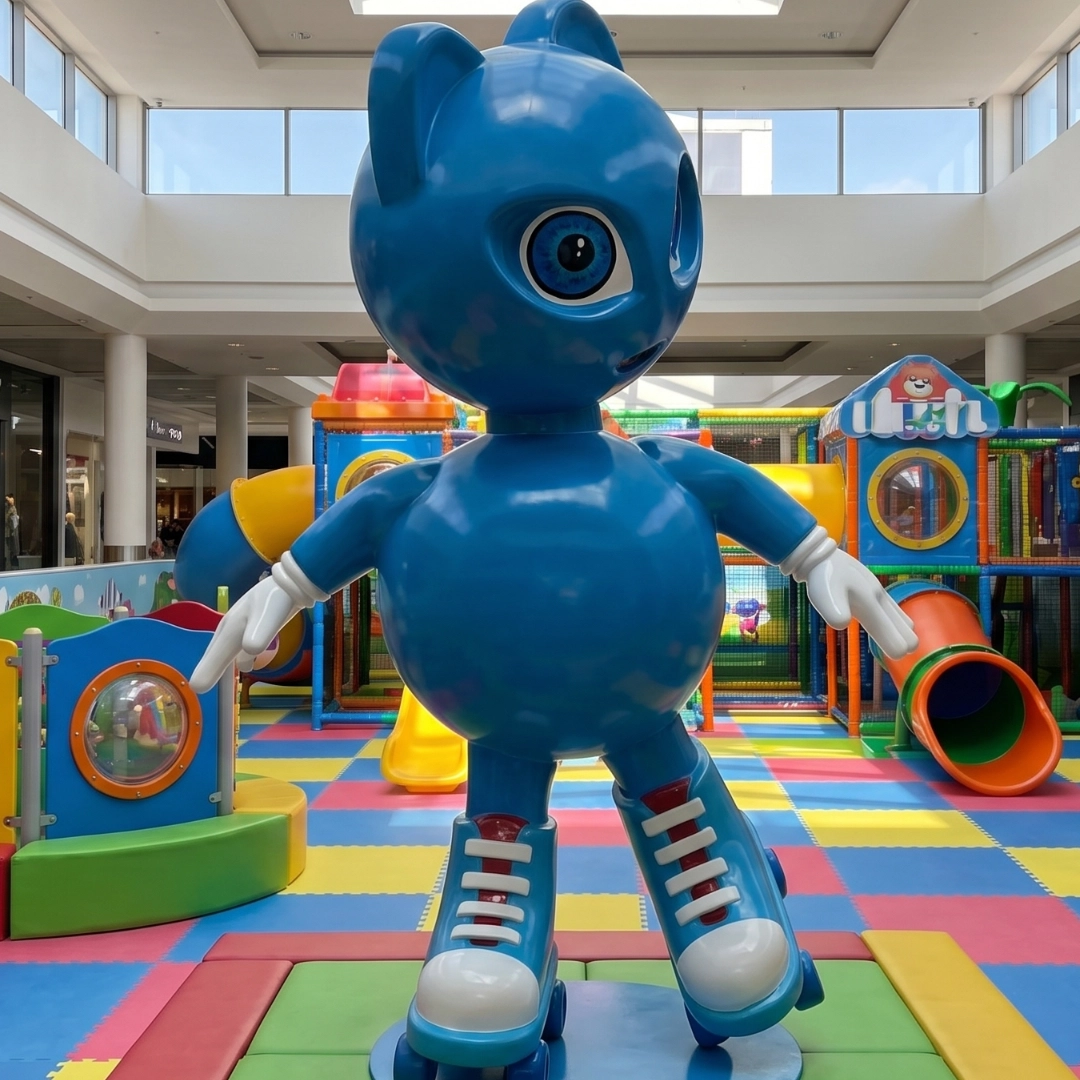 Large blue cartoon character statue on roller skates in a colorful indoor kids play area.