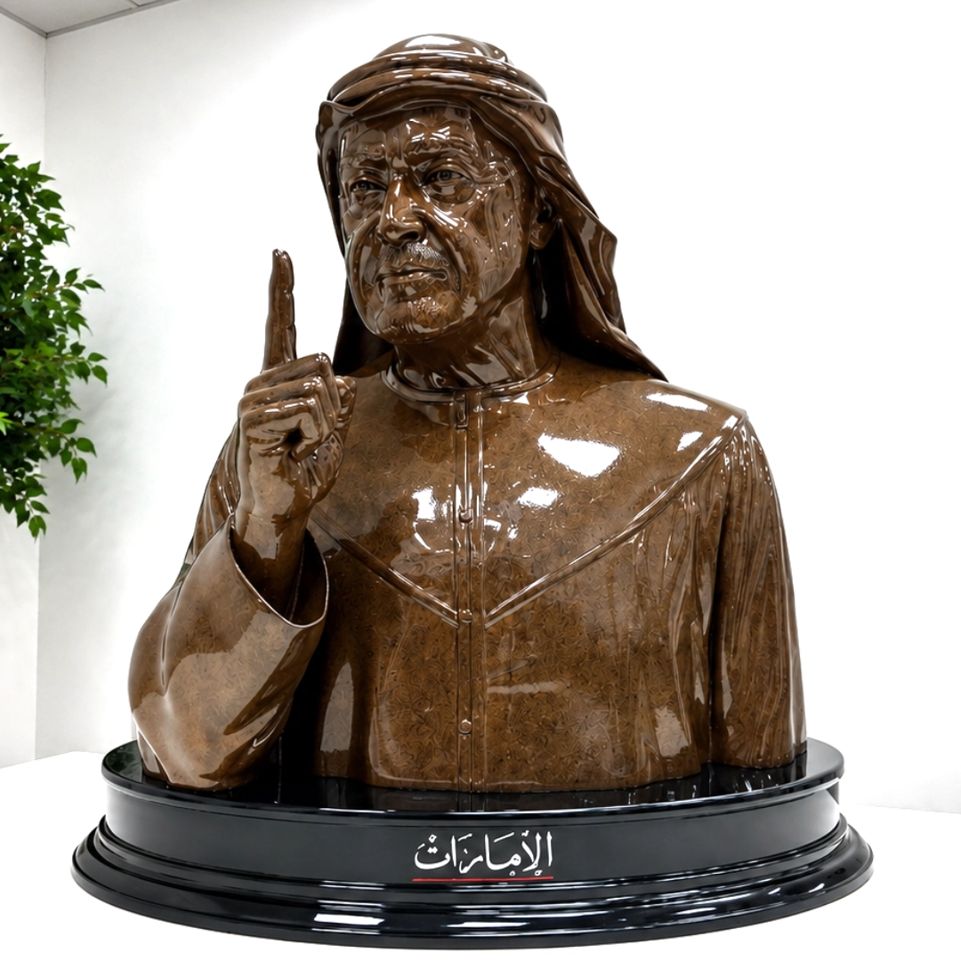 Glossy brown bust sculpture of a man in traditional Middle Eastern attire with his index finger raised.