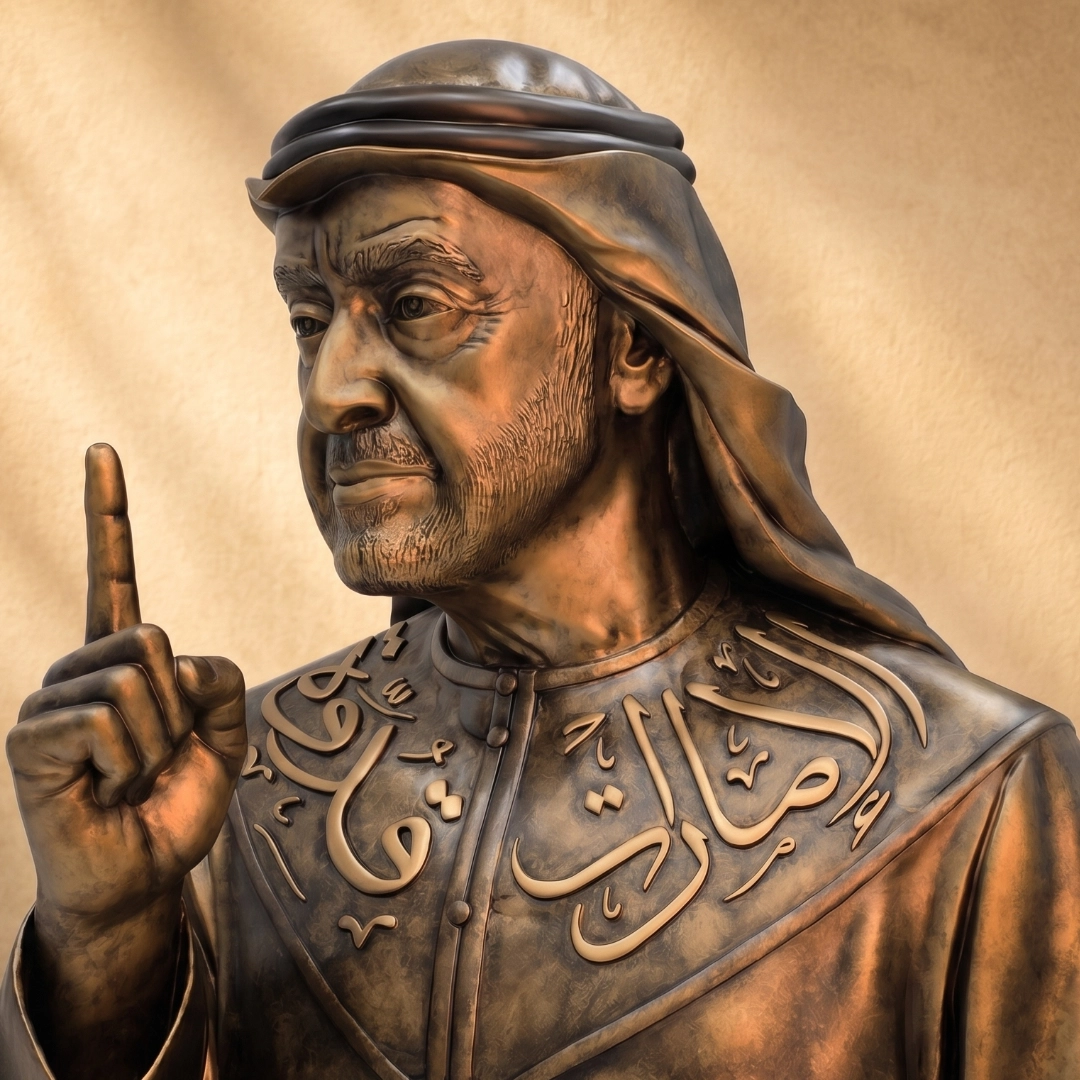 Bronze statue of a man in traditional Arab clothing raising his index finger.