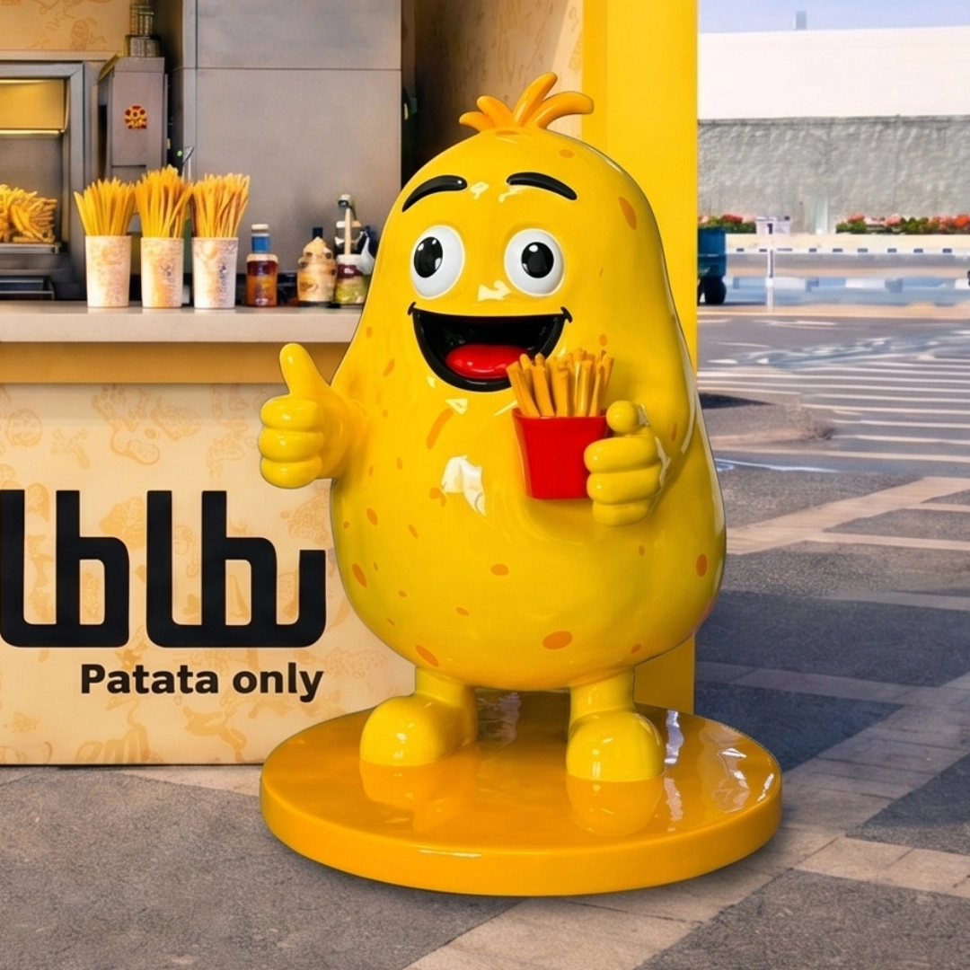 Yellow cartoon potato holding fries and giving thumbs up near a kiosk with fries.