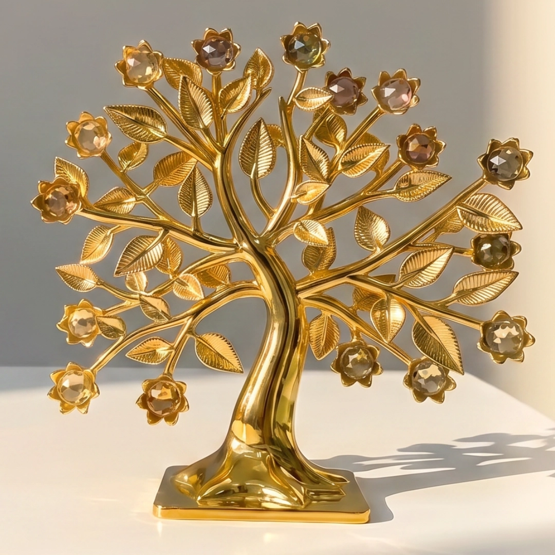 Decorative gold metal tree sculpture with leaves and flower-shaped gems on branches.