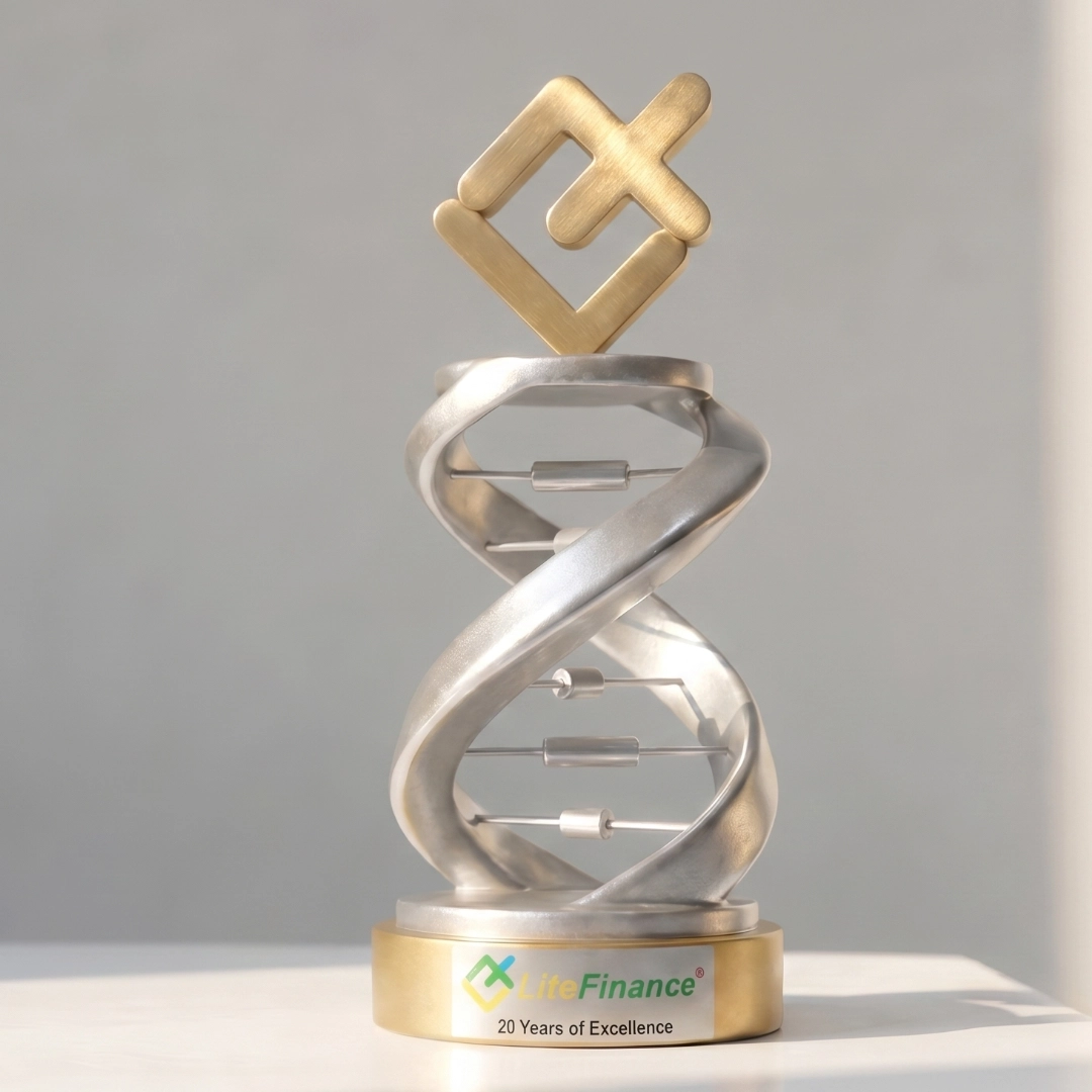 Modern LiteFinance trophy shaped like a DNA helix with gold logo and 20 Years of Excellence engraved.