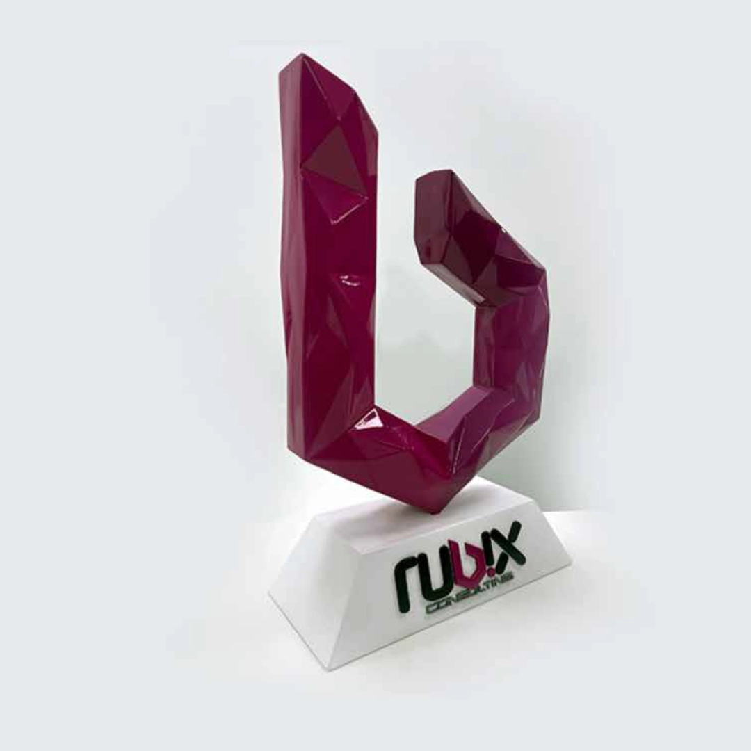 Geometric purple recognition award on a white base