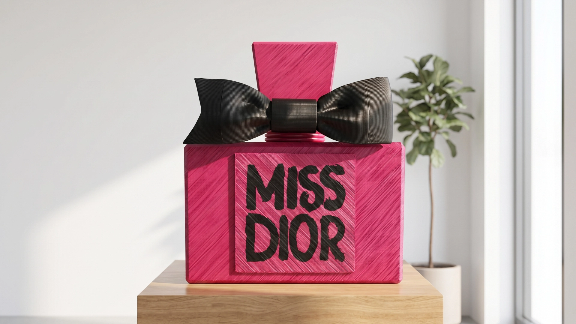 Oversized pink perfume bottle prop with a sculpted black bow