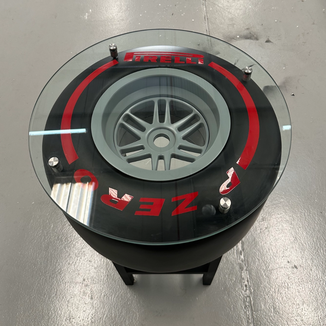 Detail of a custom tyre-based table build.