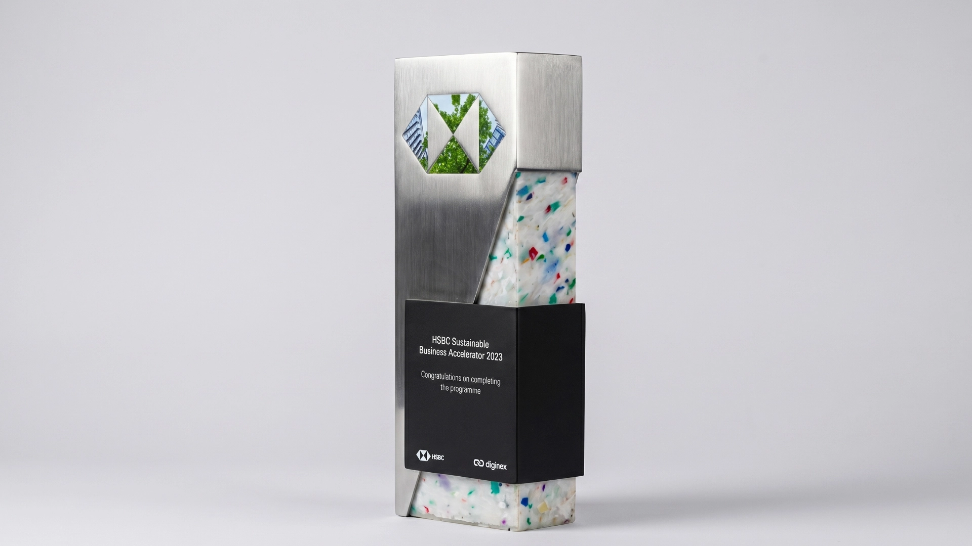 Detail of a wooden tree-shaped award trophy