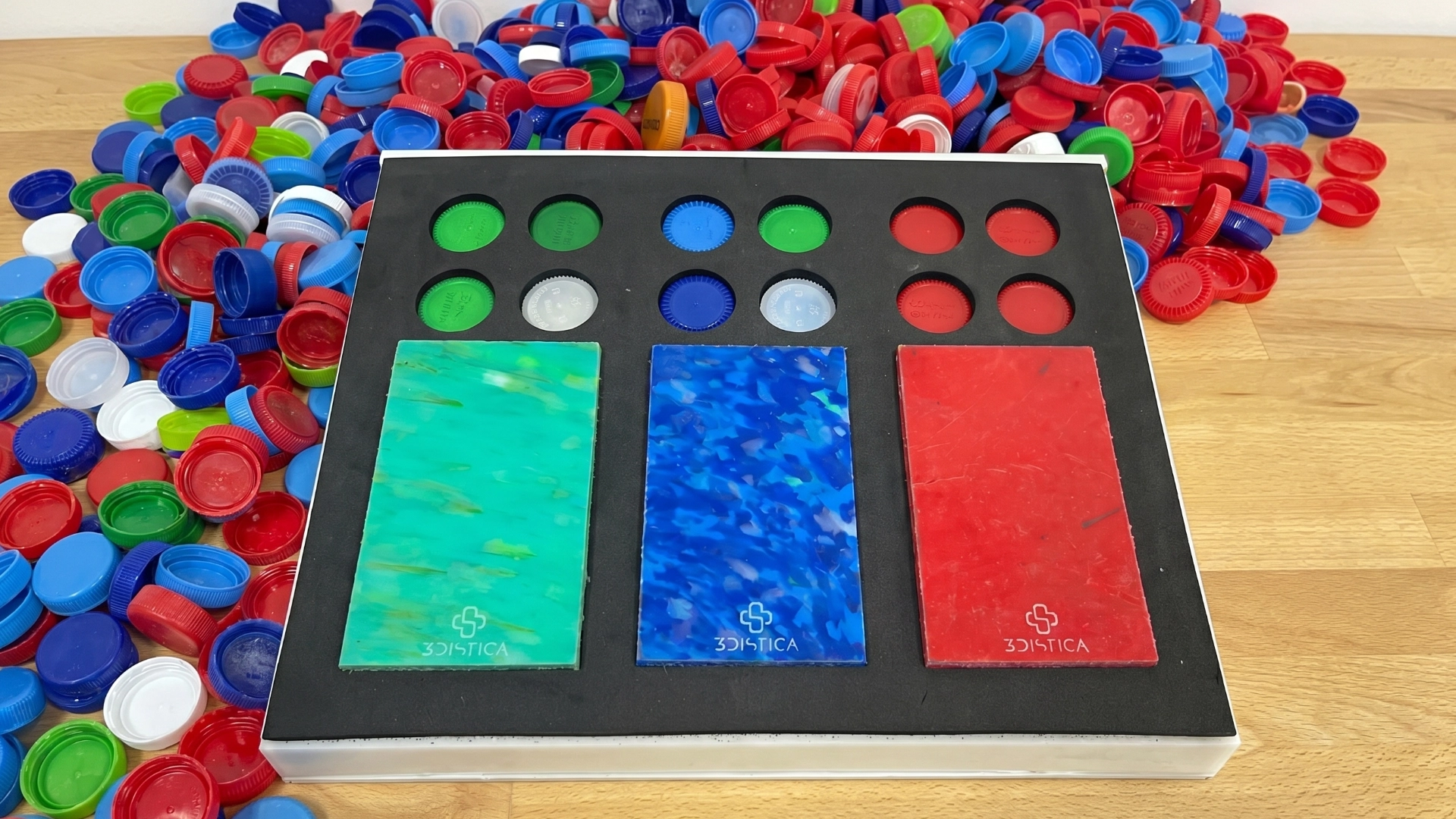 Artwork assembled from repurposed bottle tops.