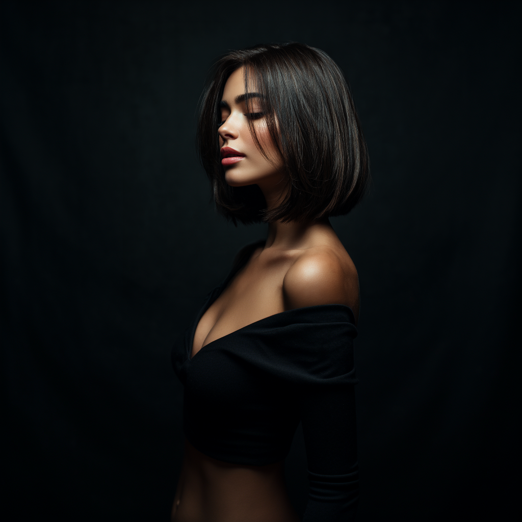 Model with short black hair posing