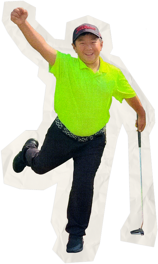 Collage cut-out of a student smiling with one arm pumped up in the air 