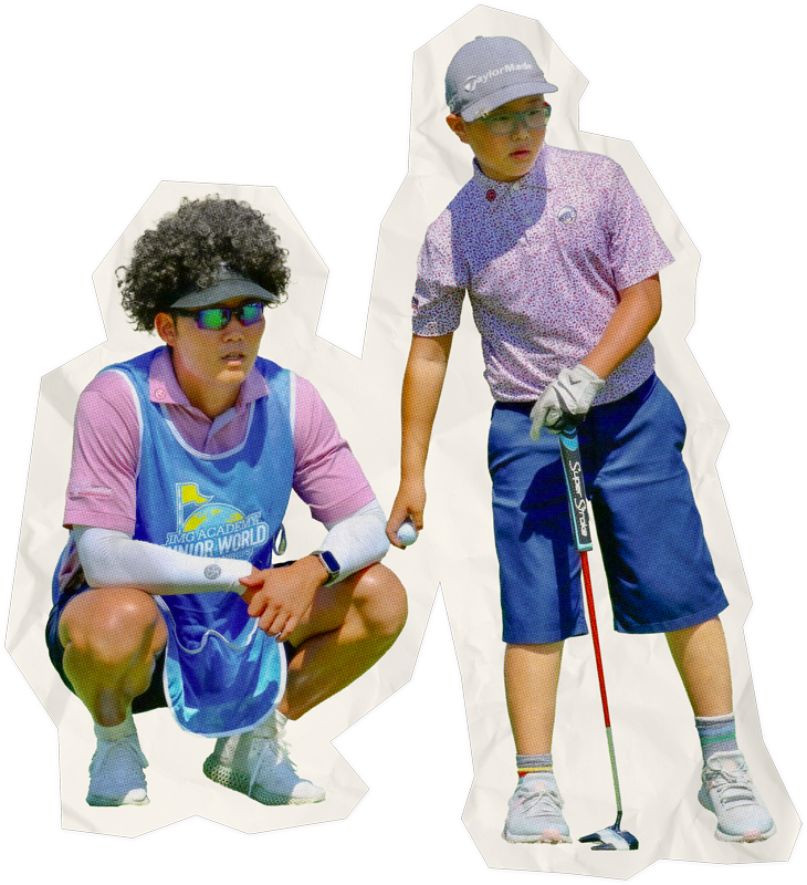 Collage cut-out of a student and instructor eyeing the course at a tournament