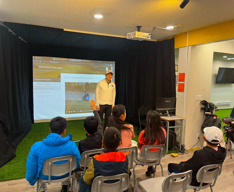 Instructor teaching 6 students with a projector behind him 