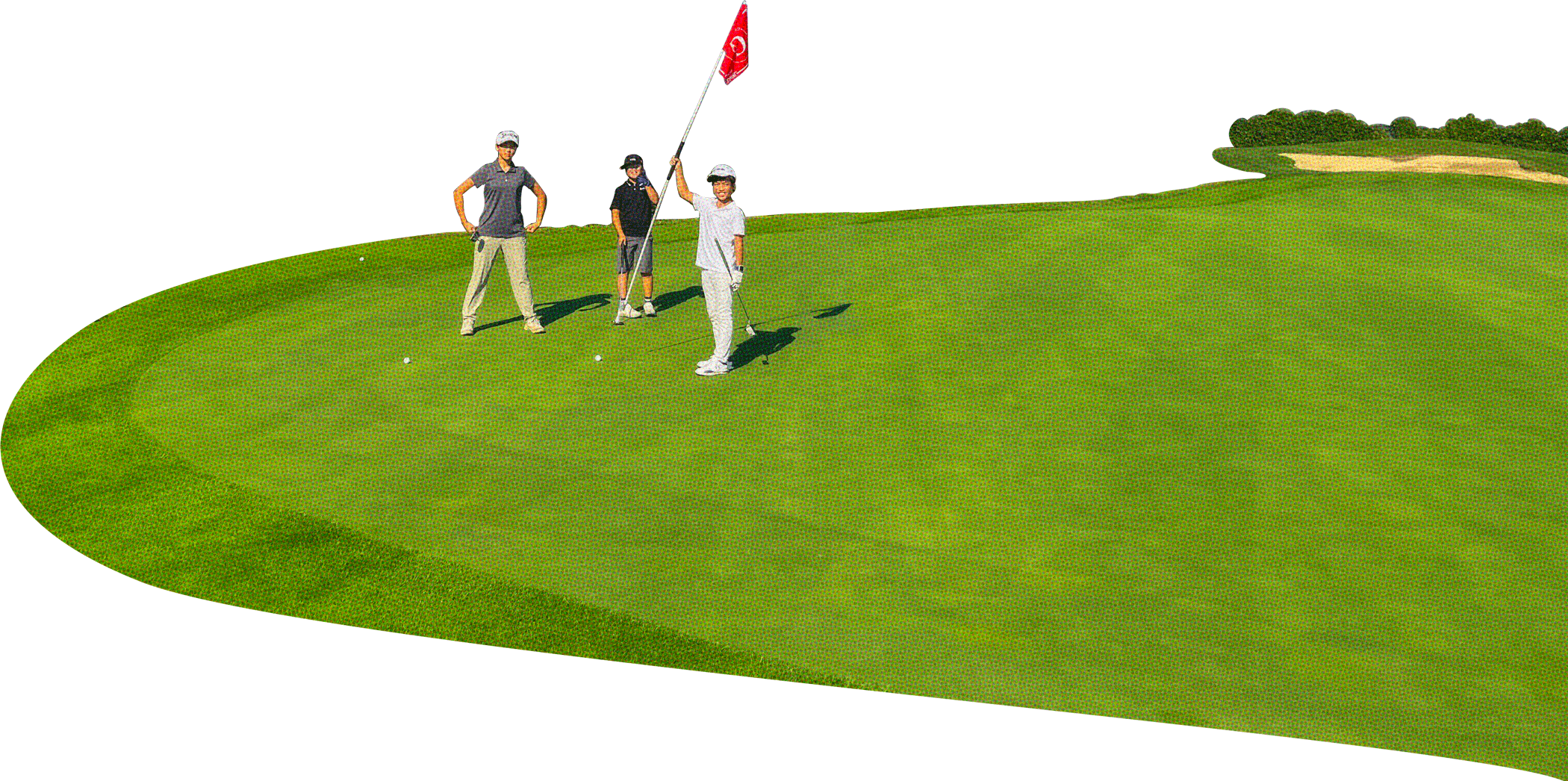 Collage cut-out of a student holding a  golf flag stick on the green, surrounded by two other students and an instructor