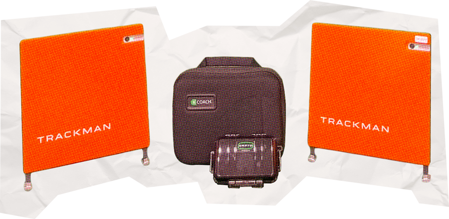 Collage cut-out of two orange devices labelled Trackman, and one labelled Capto
