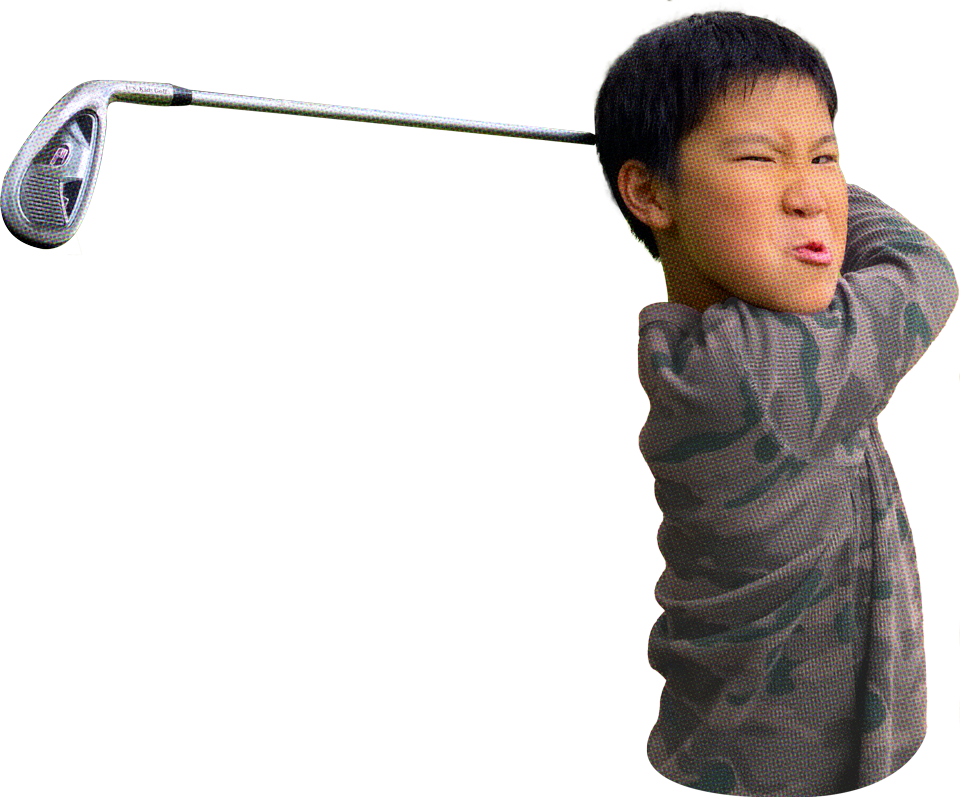 Collage cut-out of a boy swinging his club with a silly face