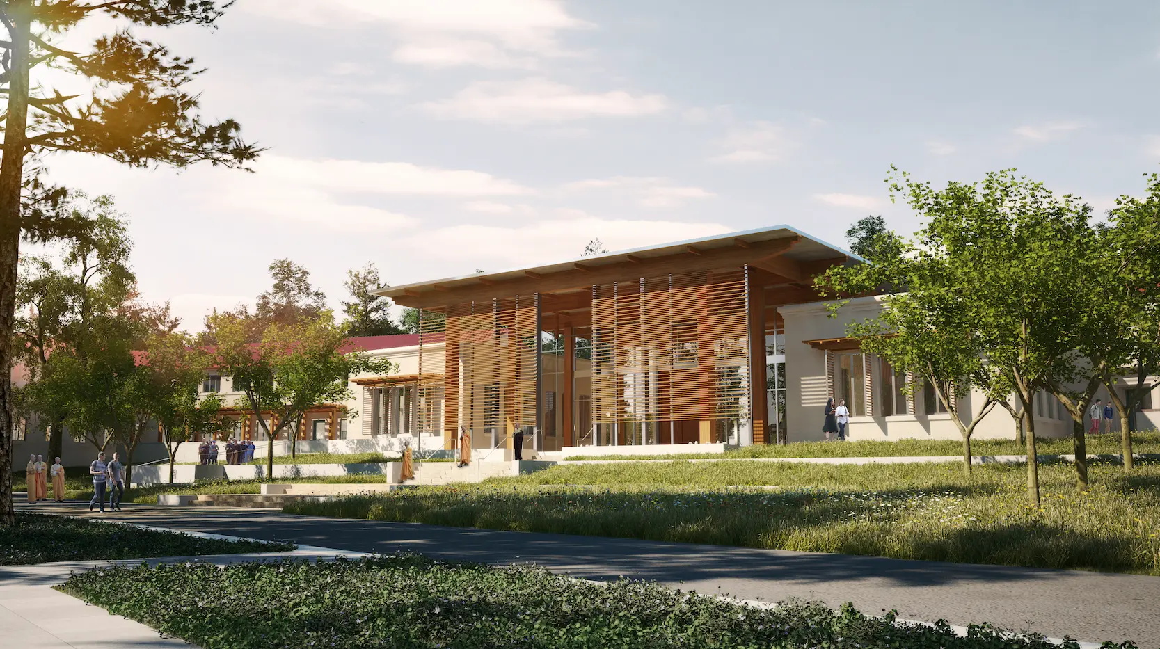 Dharma Realm Buddhist University buildings featuring contemplative architecture designed for Buddhist higher education and spiritual development