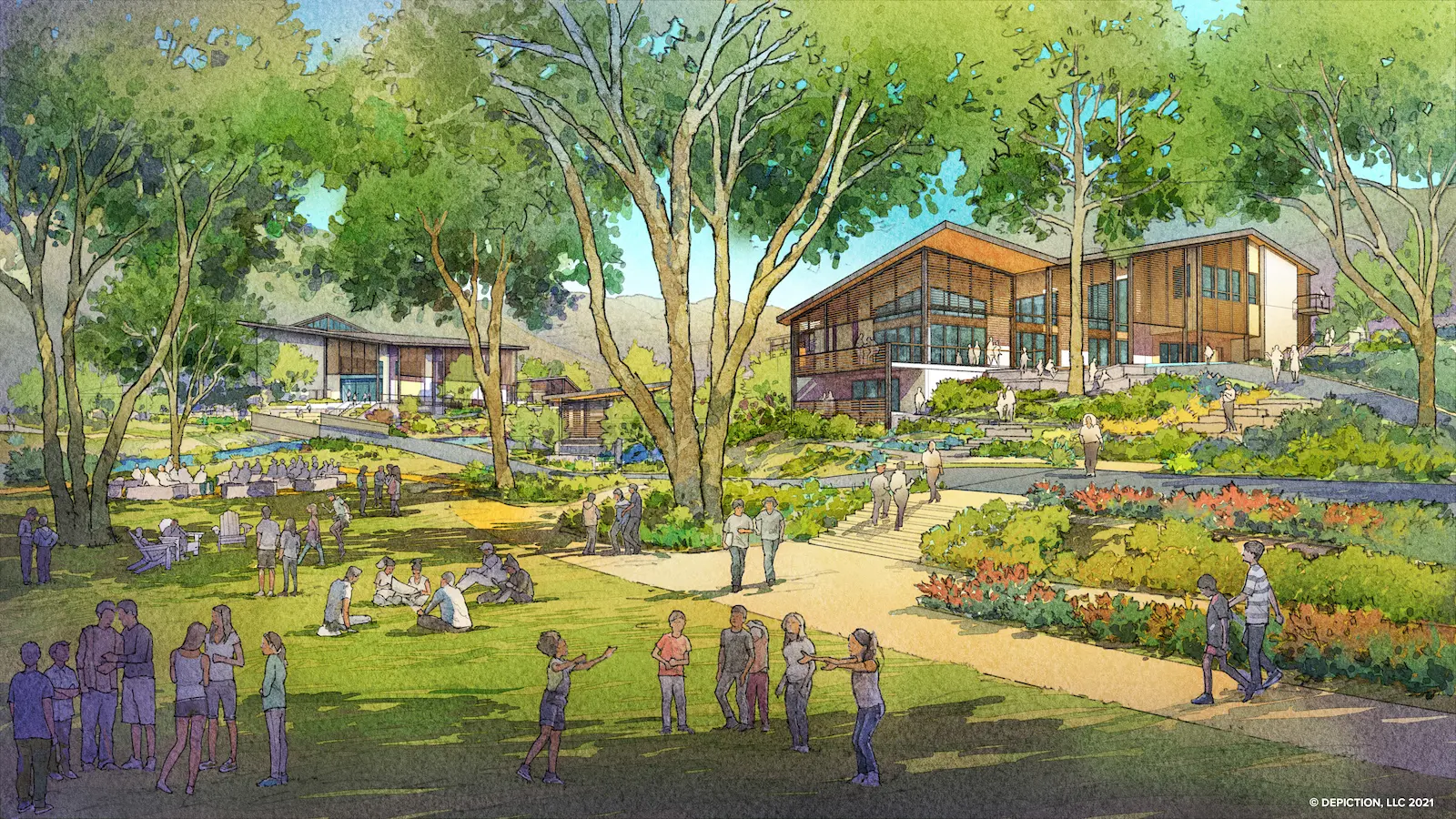 Wilshire Boulevard Temple campus rendering illustrating integrated design for Jewish worship, education, and community life