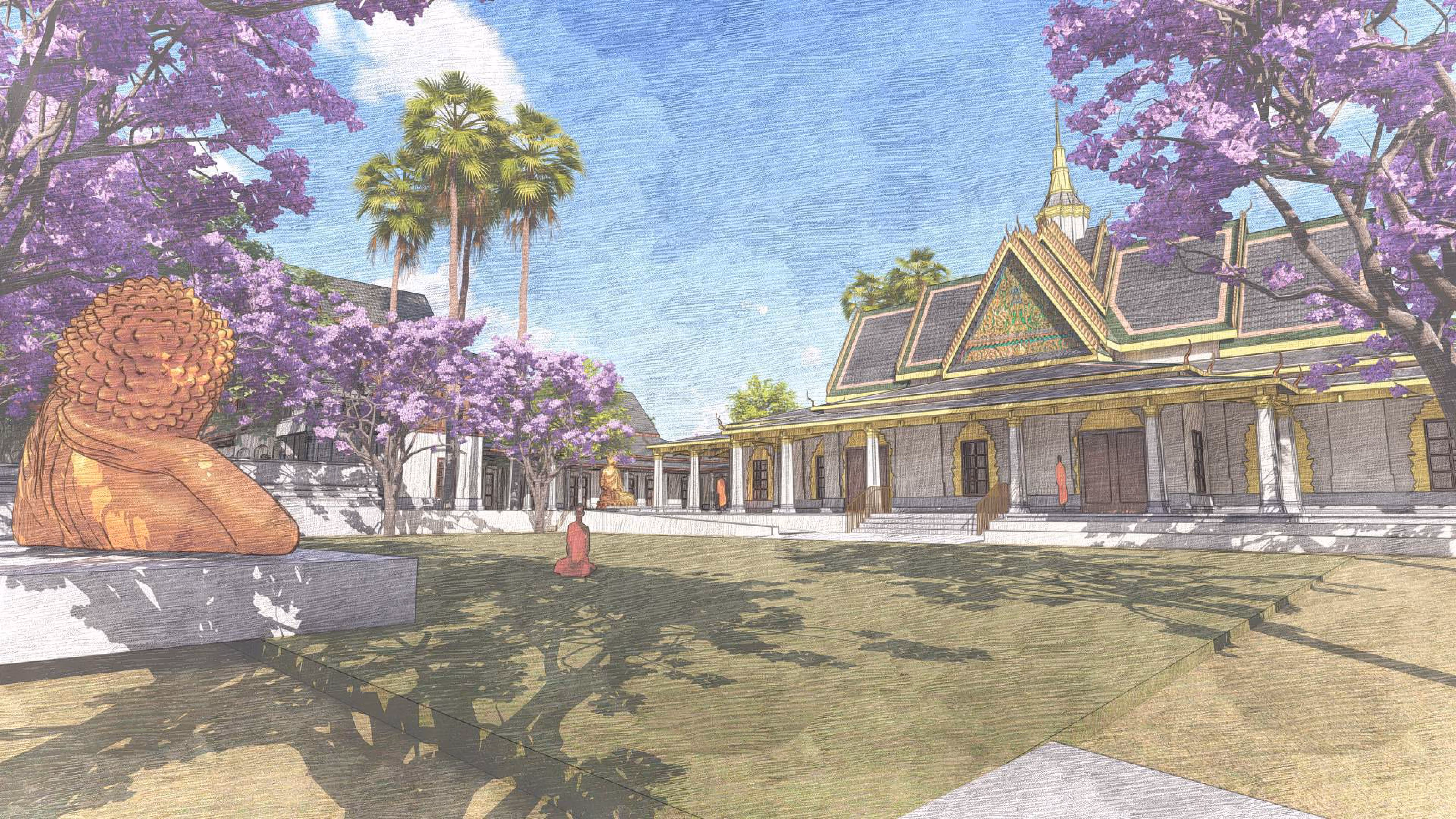 Wat Kampuchea Krom Buddhist Temple elevation drawing displaying authentic Cambodian Buddhist architecture for community spiritual and cultural activities
