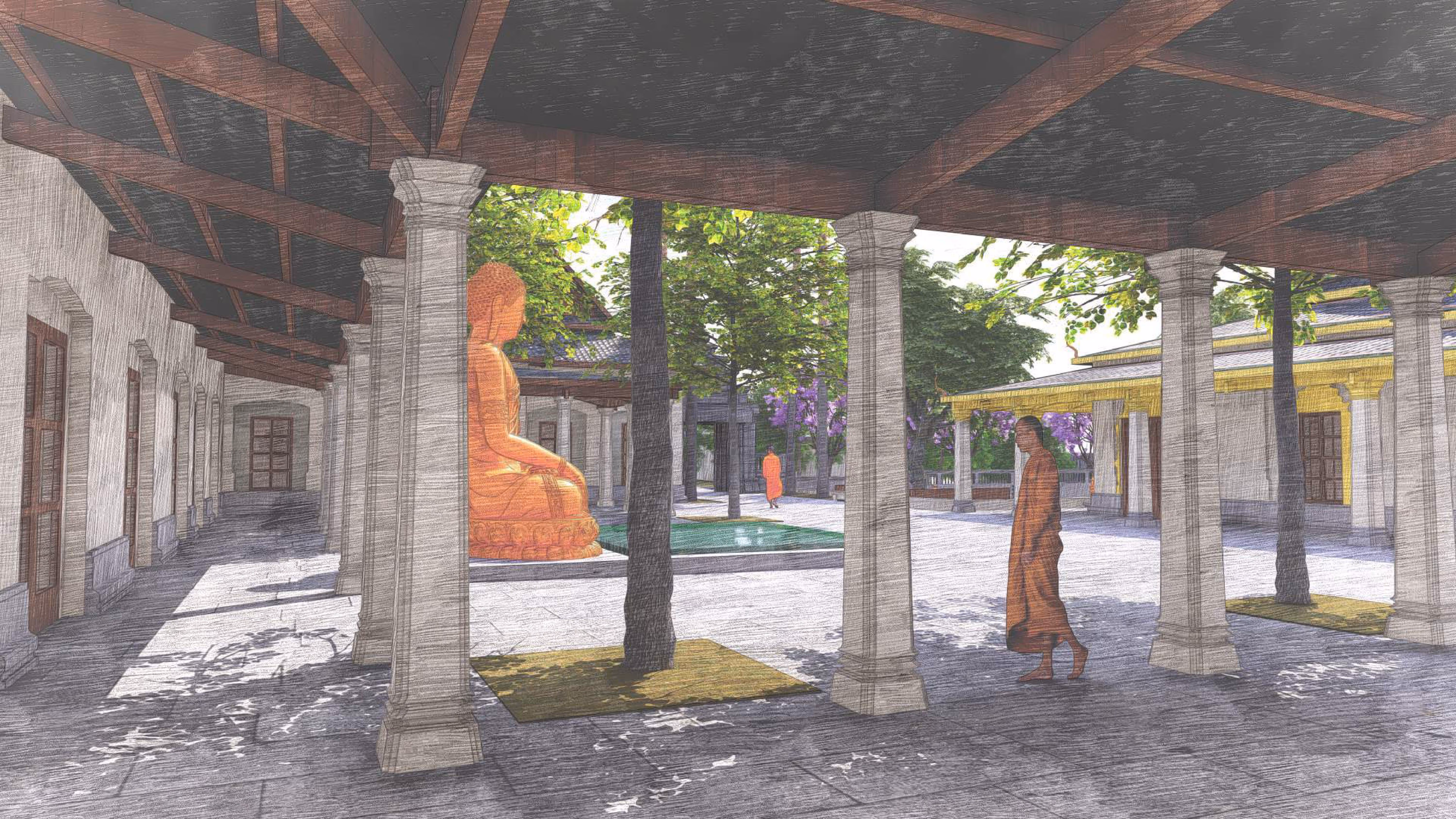 Wat Kampuchea Krom Buddhist Temple architectural perspective illustrating sacred Buddhist architecture with emphasis on spiritual and community gathering spaces