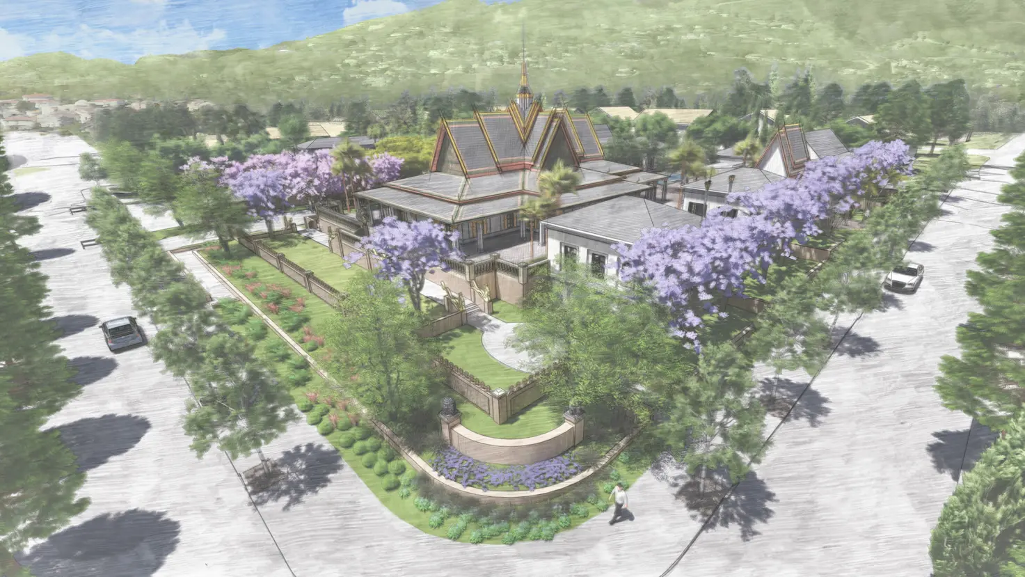 Wat Kampuchea Krom Buddhist Temple architectural rendering showing traditional Cambodian Buddhist architecture with contemporary sustainable design elements