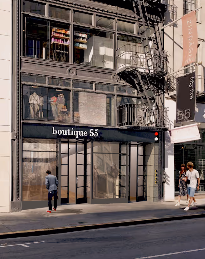 55 Grant Avenue TUMI flagship store architectural rendering showing modern facade replacement and high-performance curtain wall design