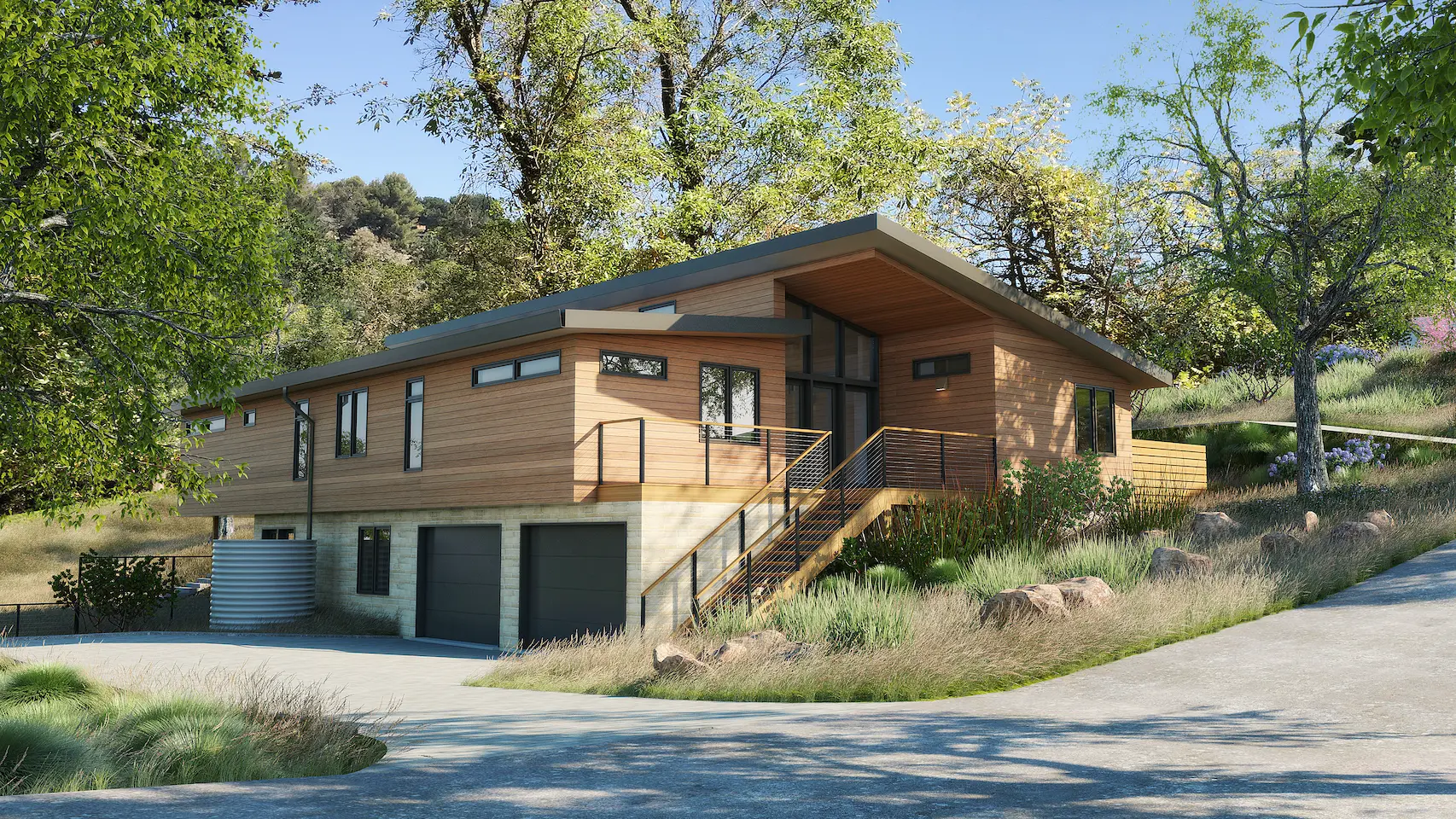 Happy Valley Net Zero Homes exterior rendering showcasing energy-efficient residential architecture with solar panels and green design features