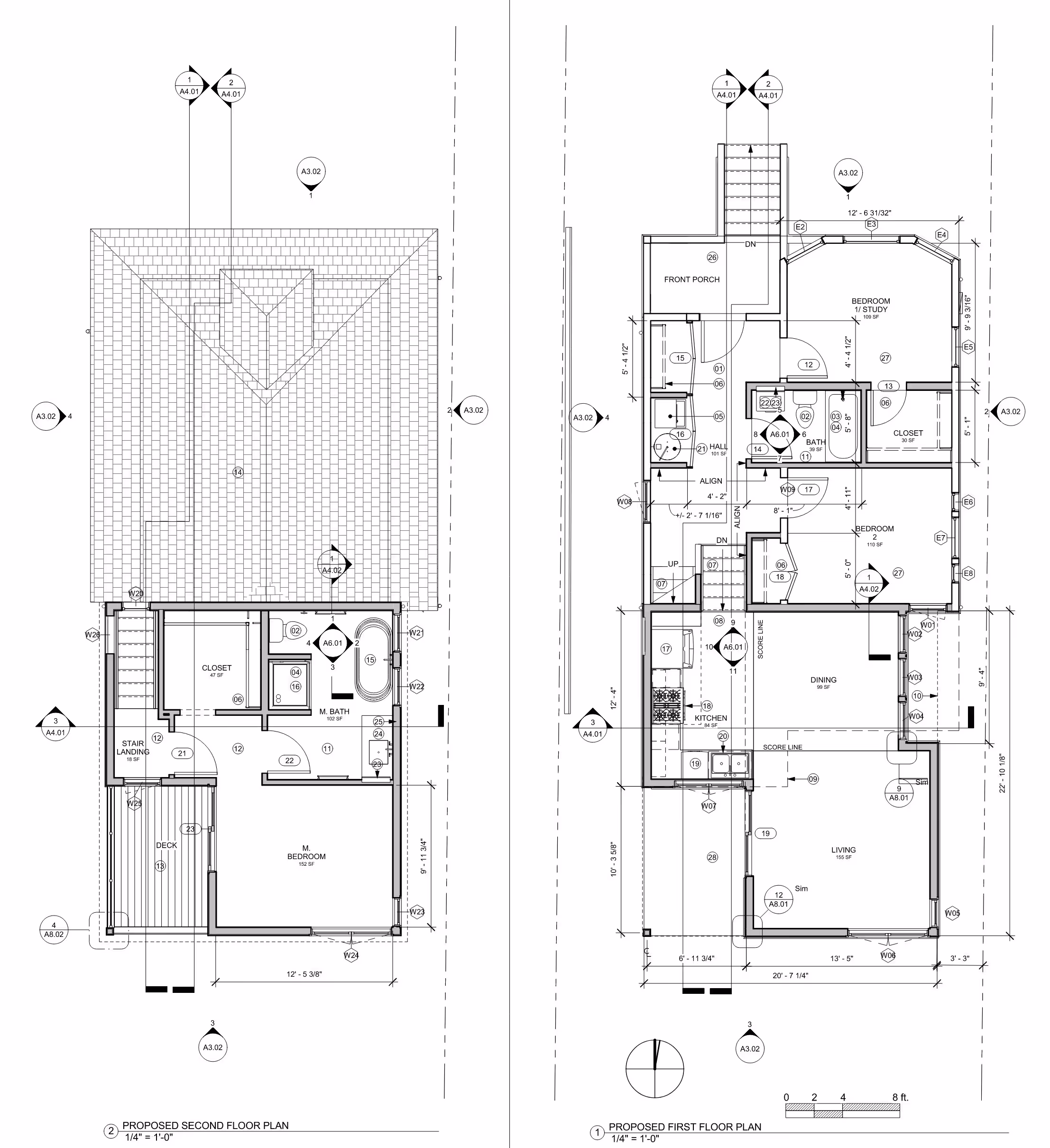 Architectural permit set drawings showing detailed building plans for sustainable development project with environmental design considerations