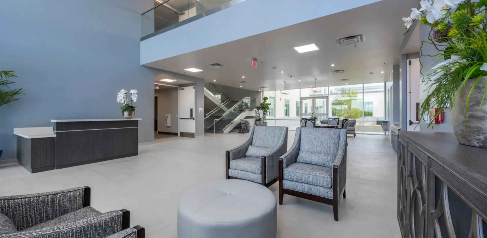 Horizon Ridge Rehabilitation Center therapeutic courtyard design promoting healing through natural light and views for patient well-being