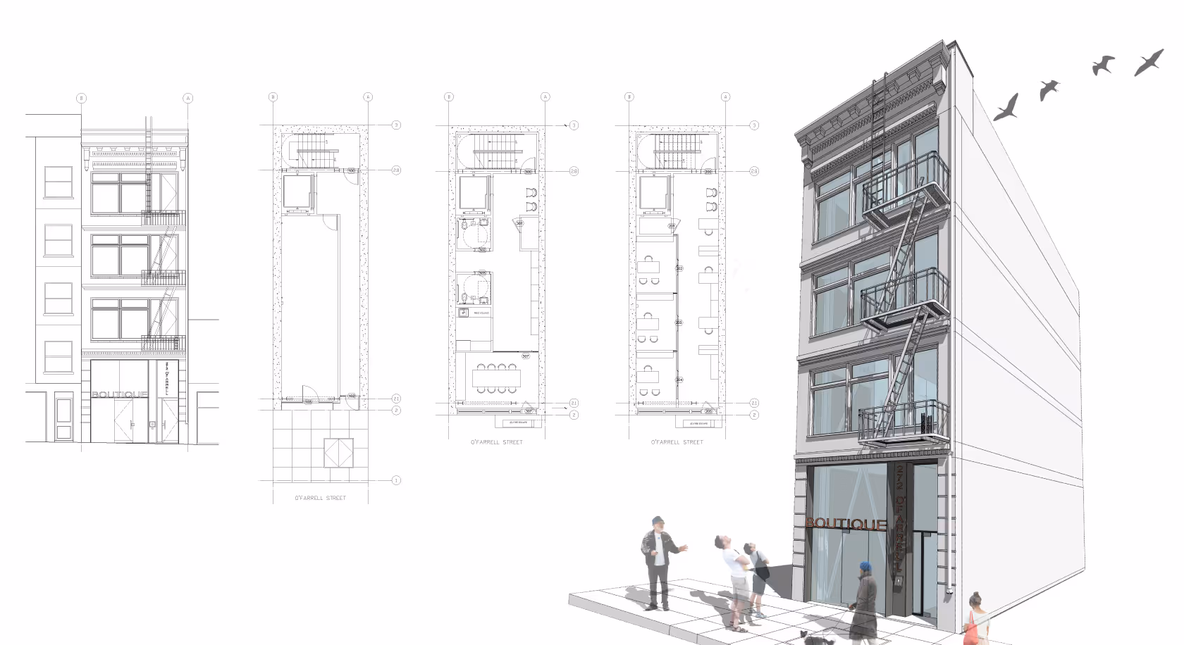 272 O'Farrell Street core and shell remodel featuring new storefront, lobby, and elevator in downtown San Francisco commercial building