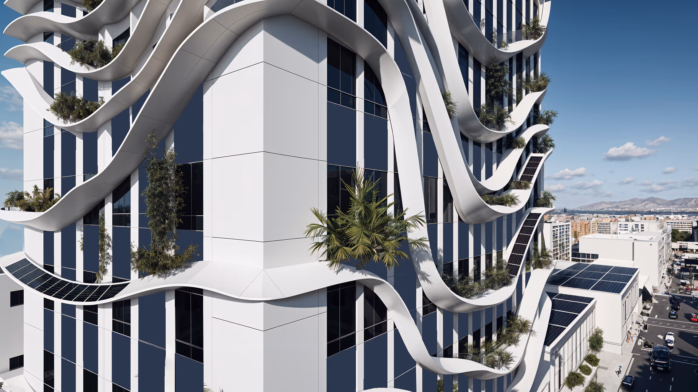 Market Tower architectural rendering showcasing vertical neighborhood concept with sustainable features and parametric shading systems