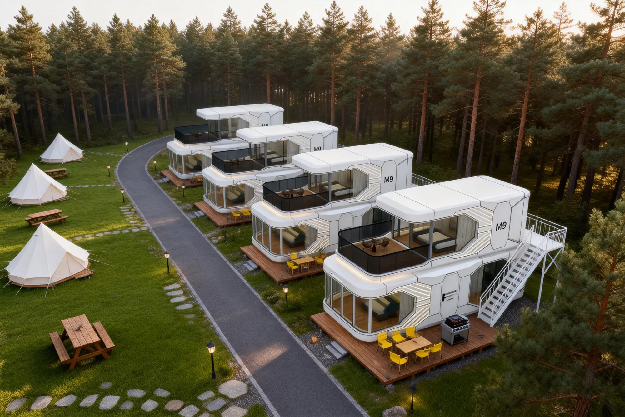Several Dakeeta Modular suites arranged along a track in a pine forest, with tents and picnic tables between them