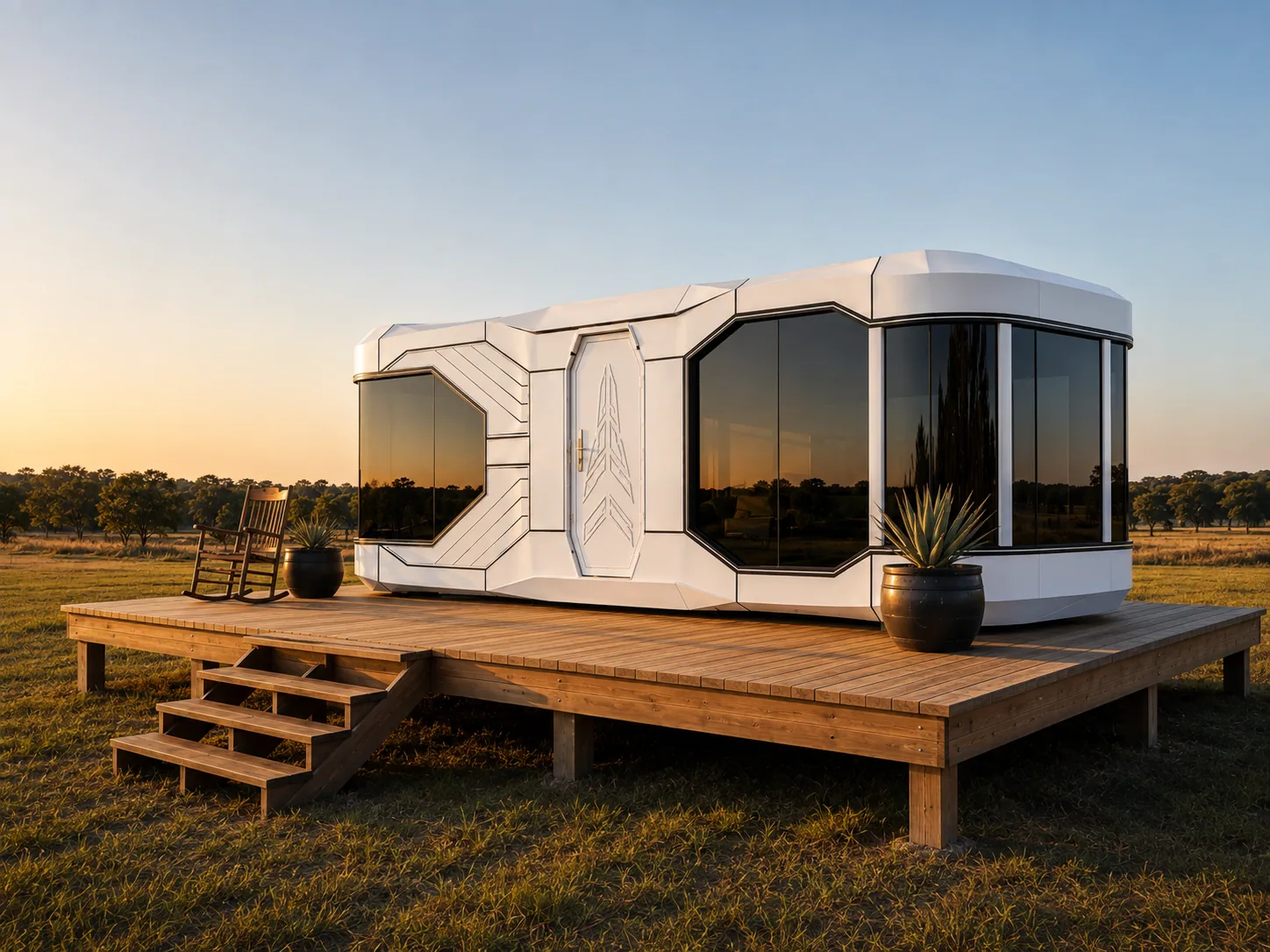 Lockhart 420 Modular Home on a raised deck at dusk