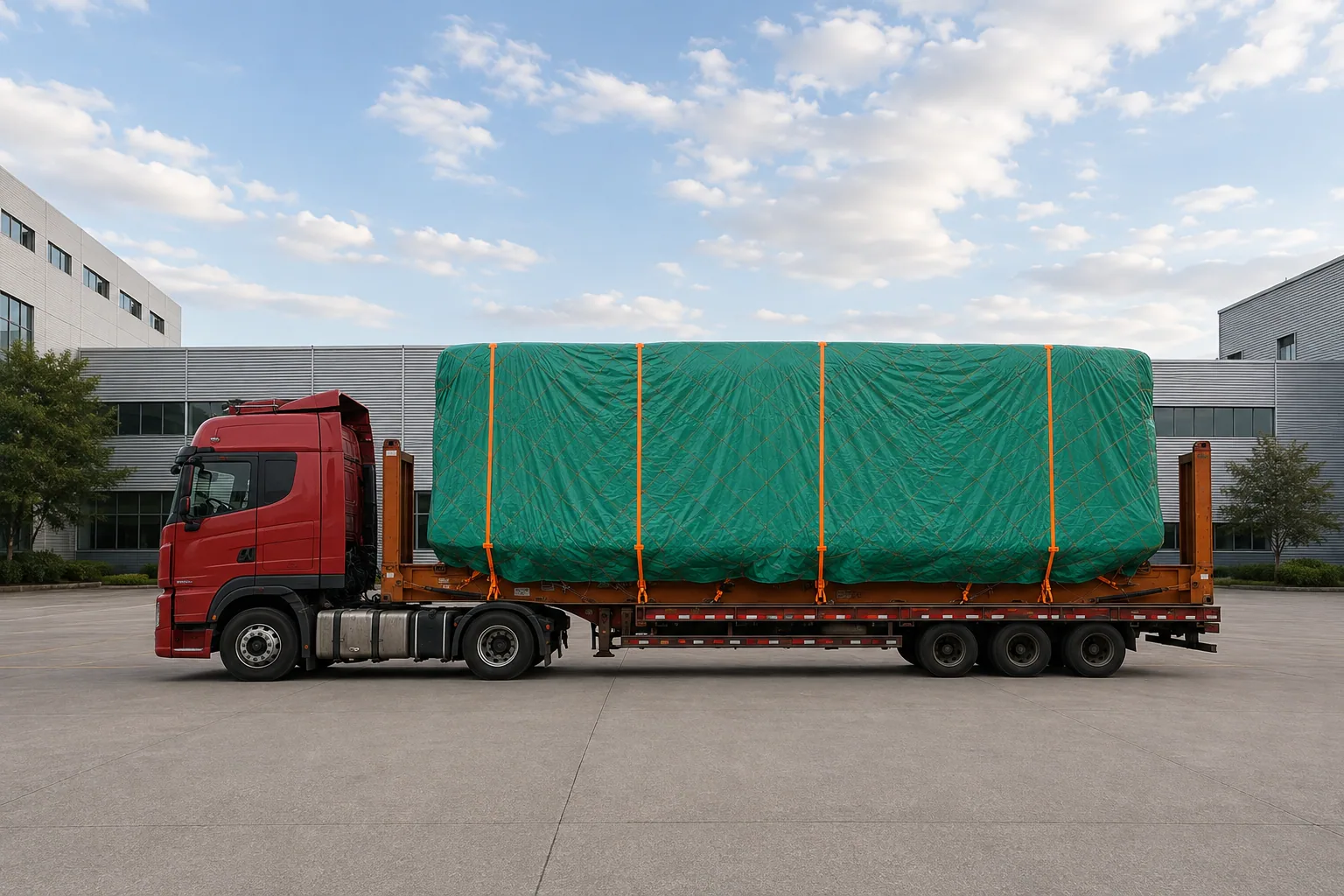 Completed unit strapped to a flatbed trailer ready for road transport