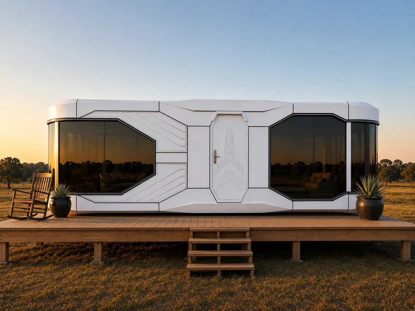 A Dakeeta capsule home on a timber deck in open grassland at sunset