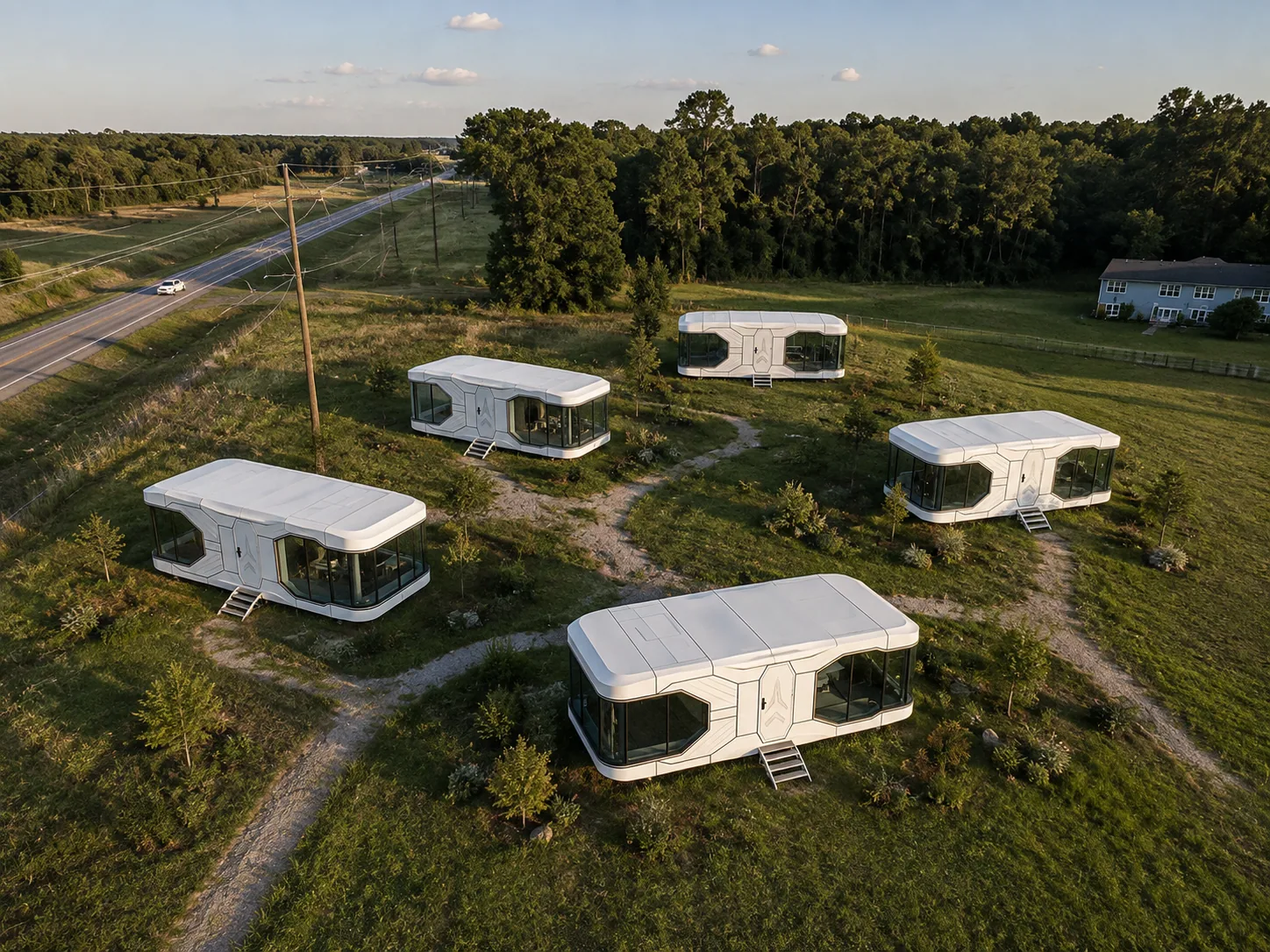 Aerial view of several Dakeeta Modular cabins spaced across a wooded plot as a rental site