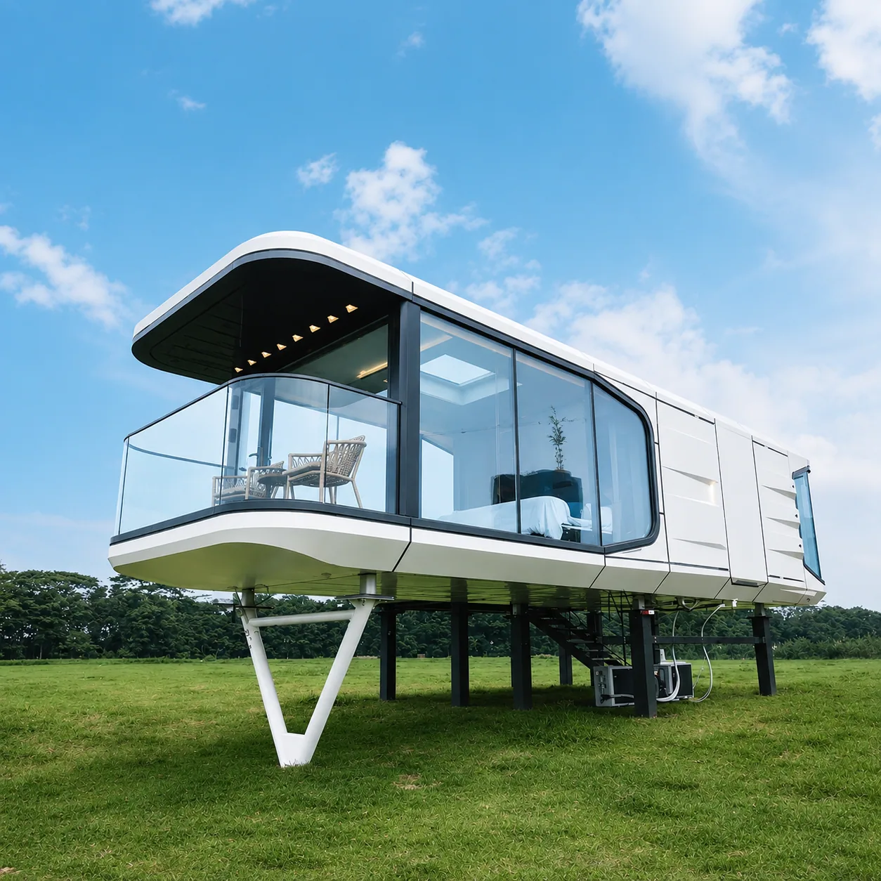 Barton Springs 410 Modular Suite raised on steel supports, with a glass-railed balcony