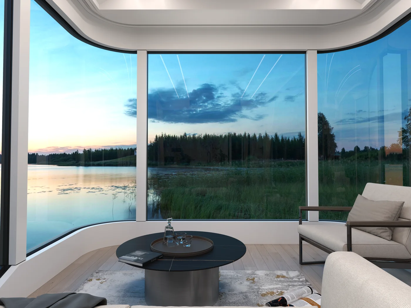 The panoramic curtain wall turning the corner above a seating area