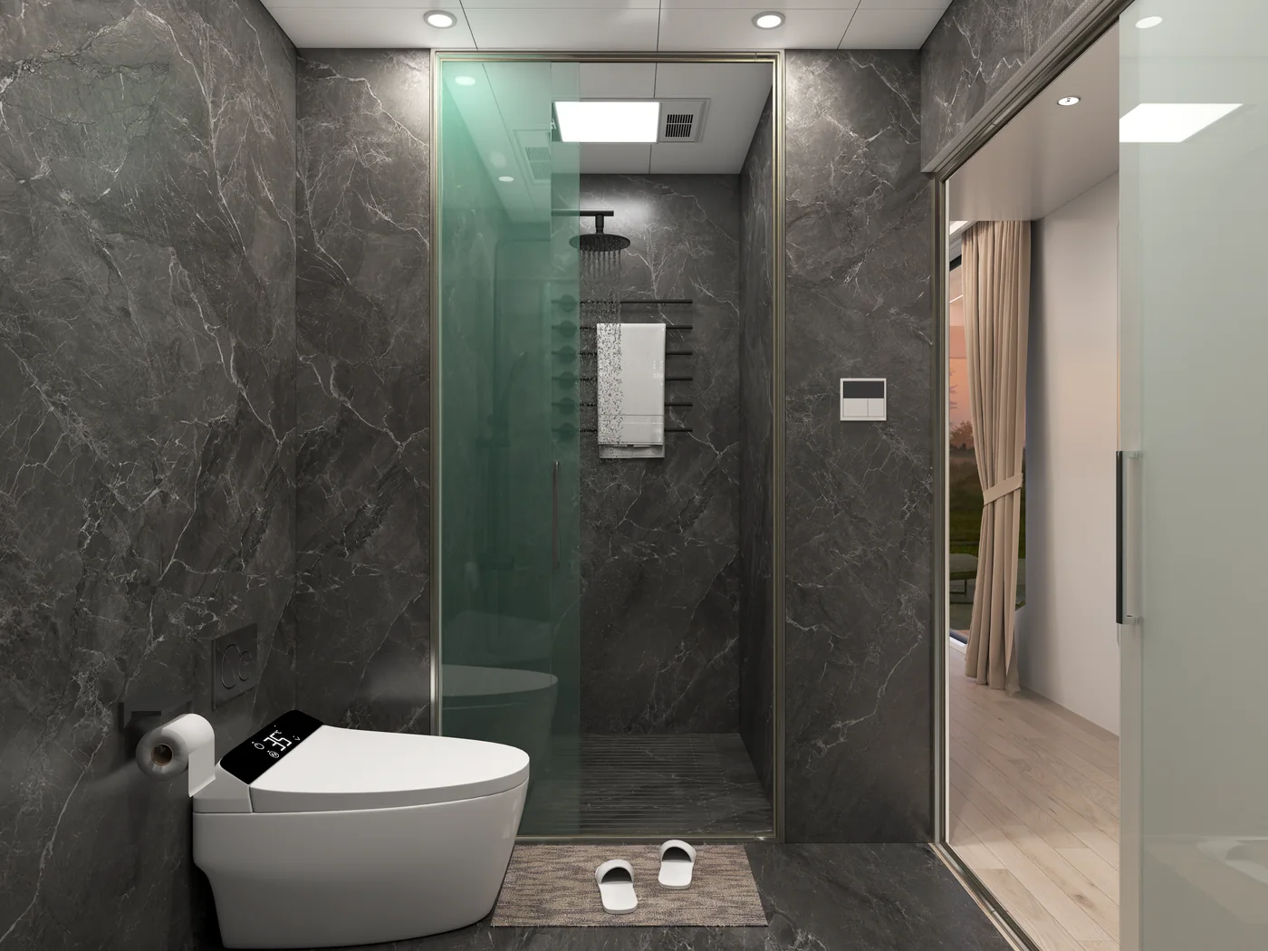 Glass shower enclosure with wall-hung fixtures in dark stone