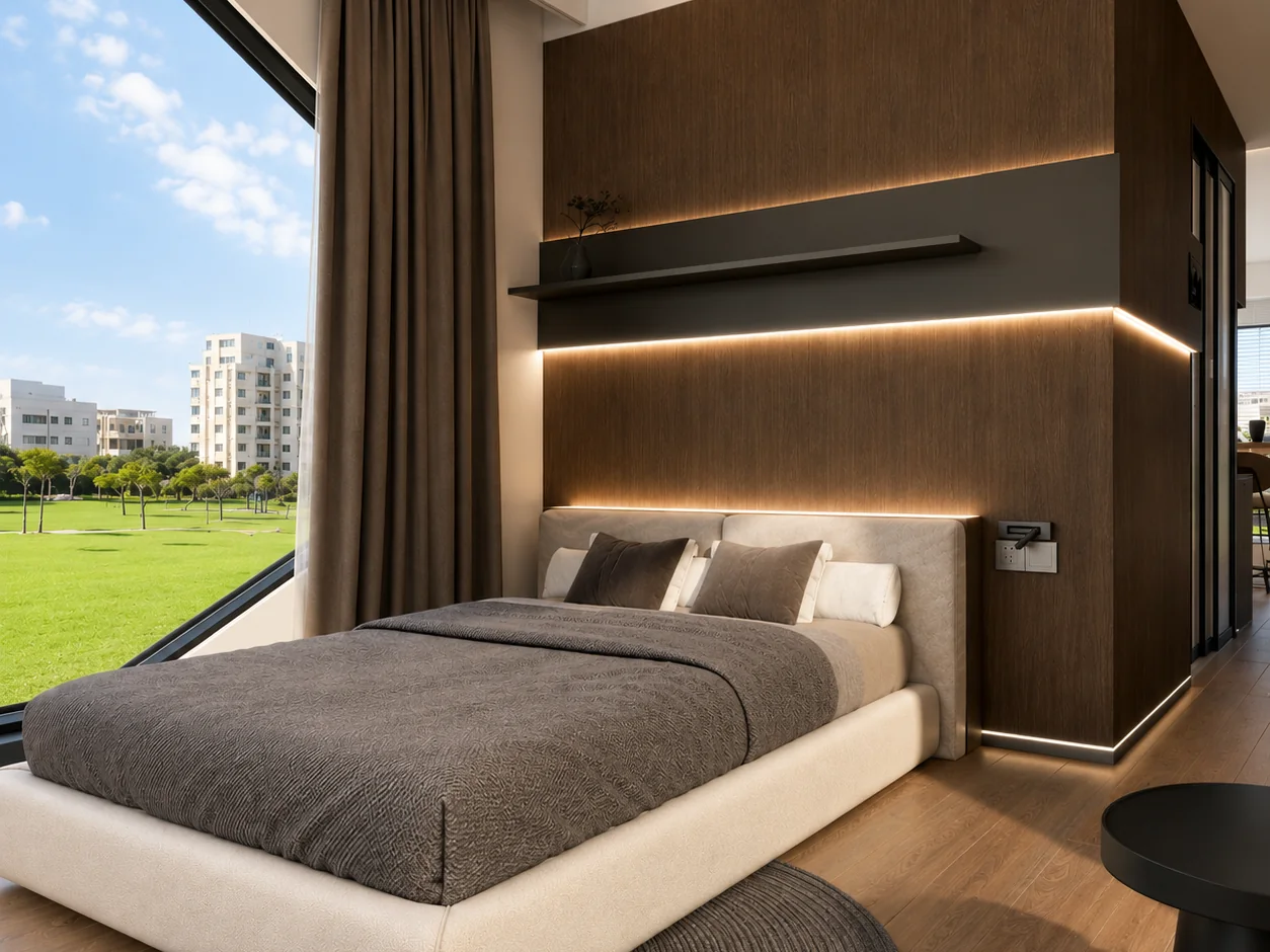 Cove lighting along a timber headboard in a Dakeeta bedroom