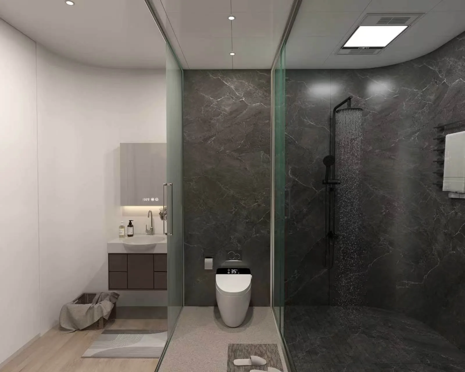 Dark stone wet wall and walk-in shower in a Dakeeta bathroom