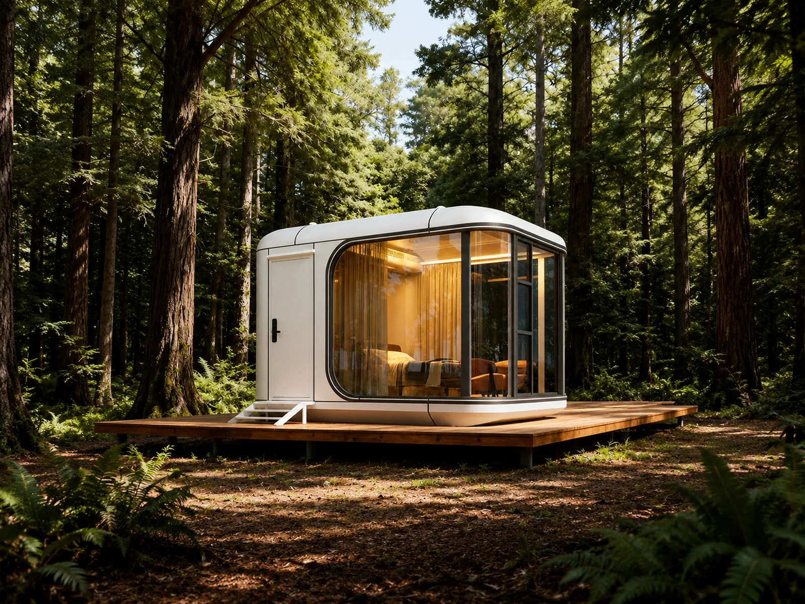 A Dakeeta capsule home on a timber deck among tall forest trees