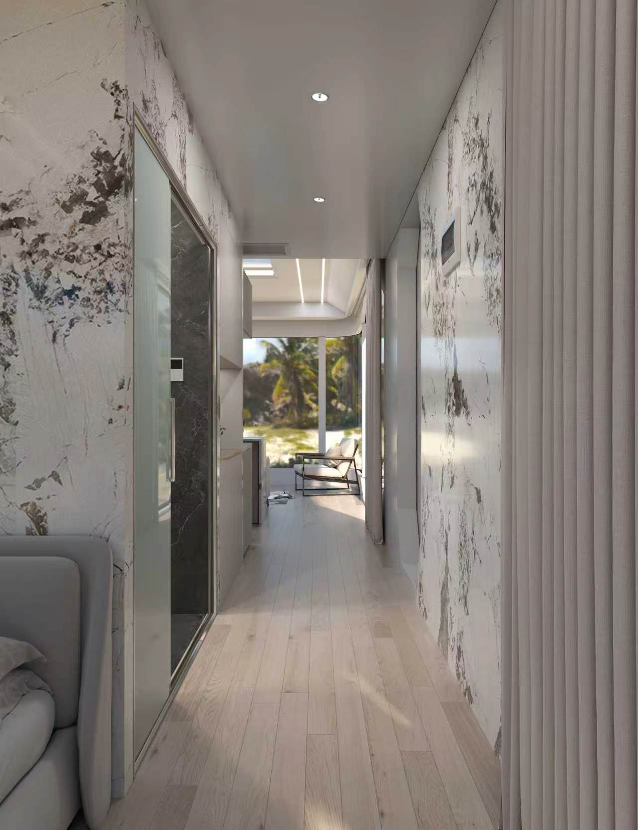 Marble-look wall panels lining a Dakeeta interior hallway