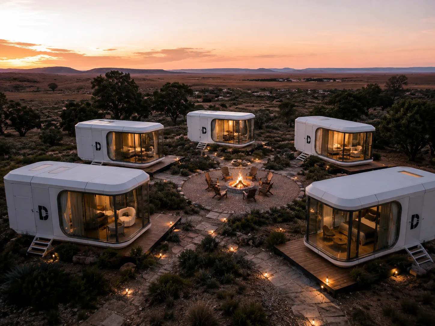 Five Dakeeta Modular capsule homes arranged around a fire pit at dusk in West Texas scrubland, interiors lit