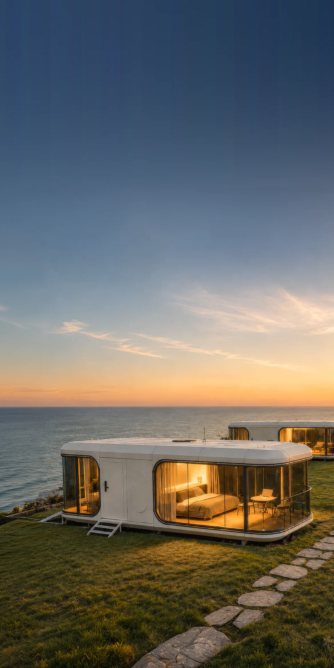 A Dakeeta Modular capsule home on a grass clifftop above the ocean at sunset, its glazed living end lit from inside