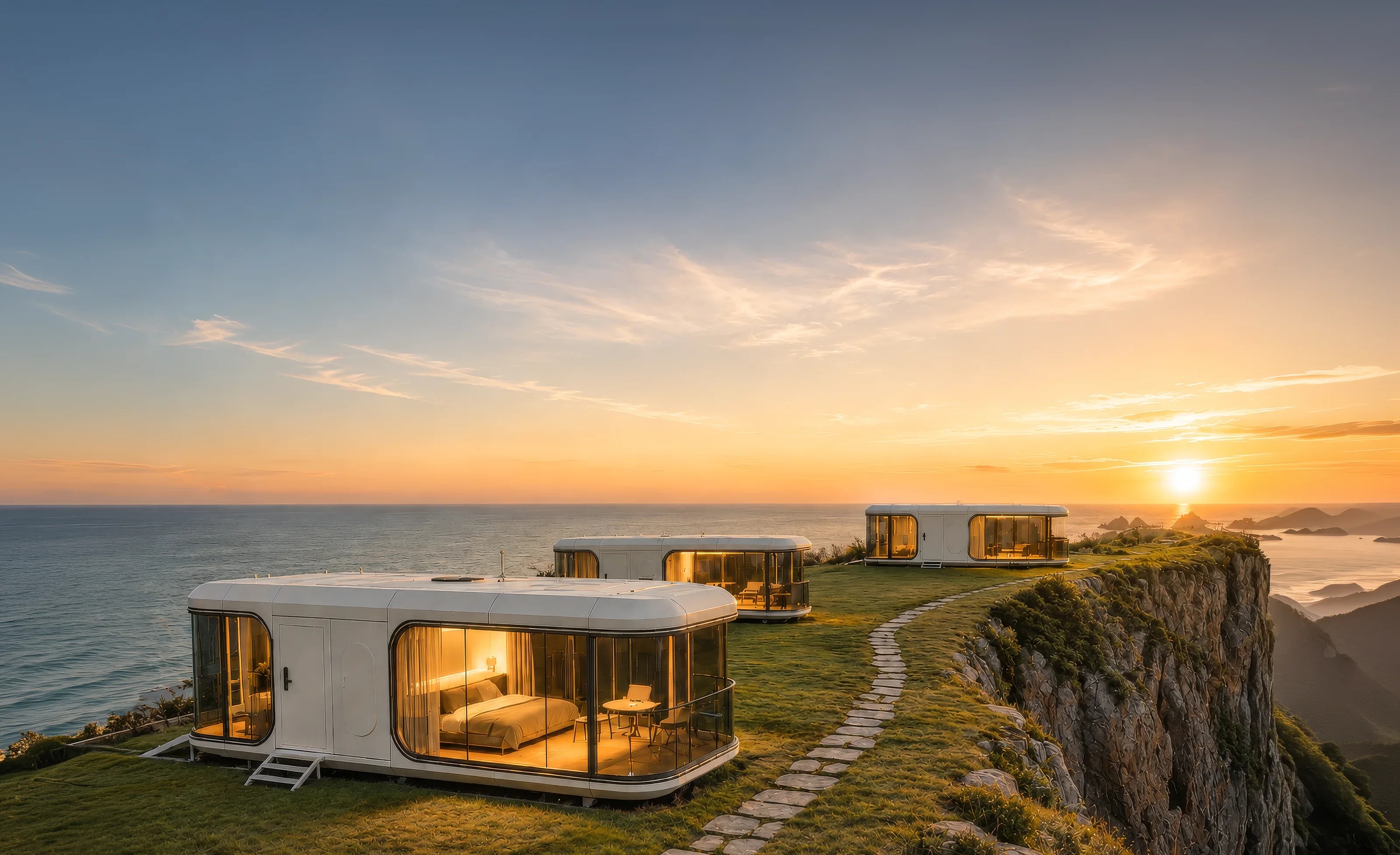 Three Dakeeta Modular capsule homes on a grass clifftop above the ocean at sunset, lit from inside, with a stone path running between them