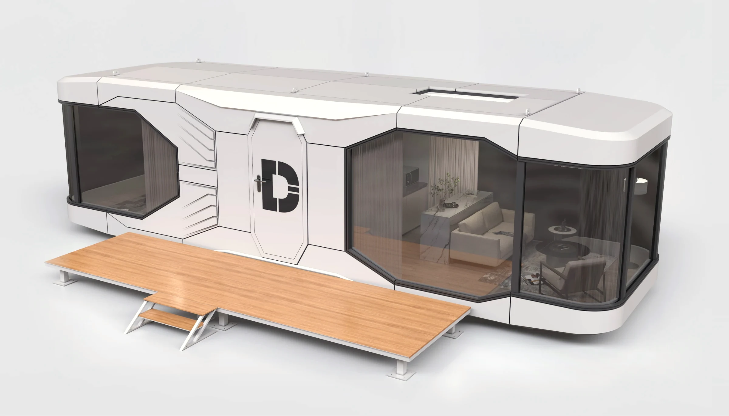 Side view of a Dakeeta X7 capsule home with its panoramic glazing, roof insulation, galvanized steel frame and integrated controls labelled