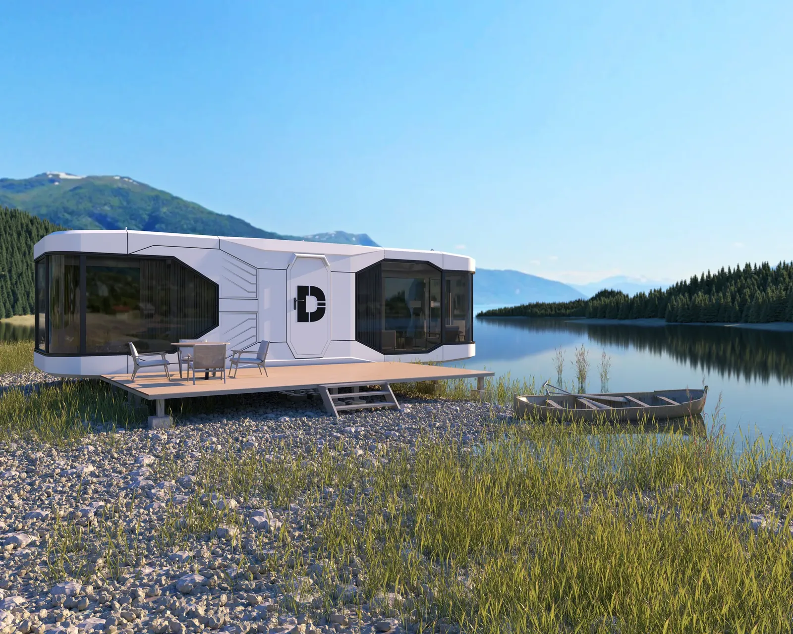 The Dakeeta Lockhart 420 capsule home on a lakeside deck
